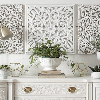 Set of 3 Decorative Panels "Pererenan" - White Wash - 20 x 20 Inches each