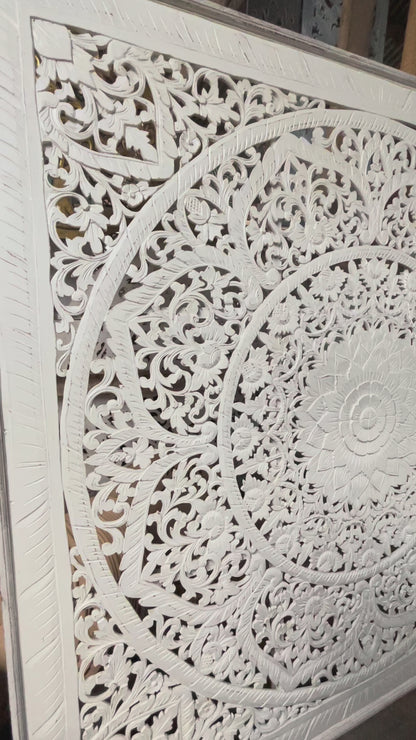 Carved Full Bed Headboard "Manusa" - White Wash