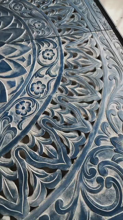 Carved Decorative Panel "Hati" - Blue Wash - 39 x 39 Inches