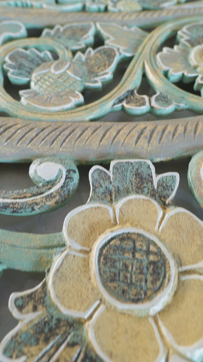 Carved Mandala Full Bed Headboard 'Dianna' - Multicolor Green