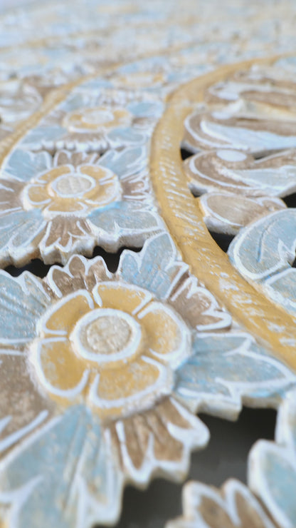 Carved Mandala Full Bed Headboard 'Dianna' in Multicolour Blue