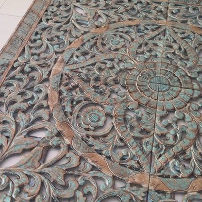 Carved Full Bed Headboard "Samudra" - Green Wash