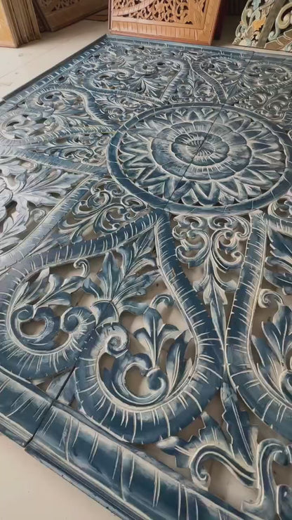 Carved Full Bed Headboard "Jantung" - Navy Blue Wash
