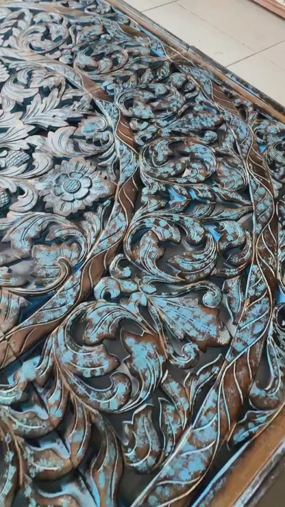 Carved Full  Bed Headboard "Dahayu" - Blue Wash