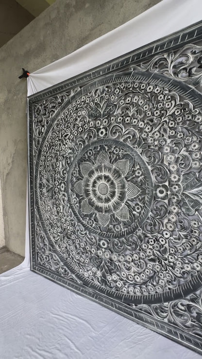 Carved Decorative Panel "Peony" - Monochrome - 39 x 39 Inches