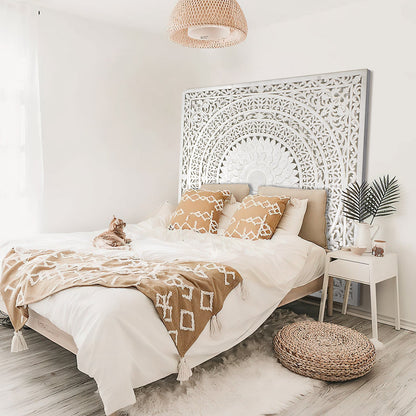 Carved Bed Headboard "Seruni"- White