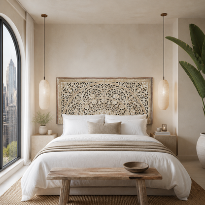 Carved Half Bed Headboard 'Sumber' in Antique Wash