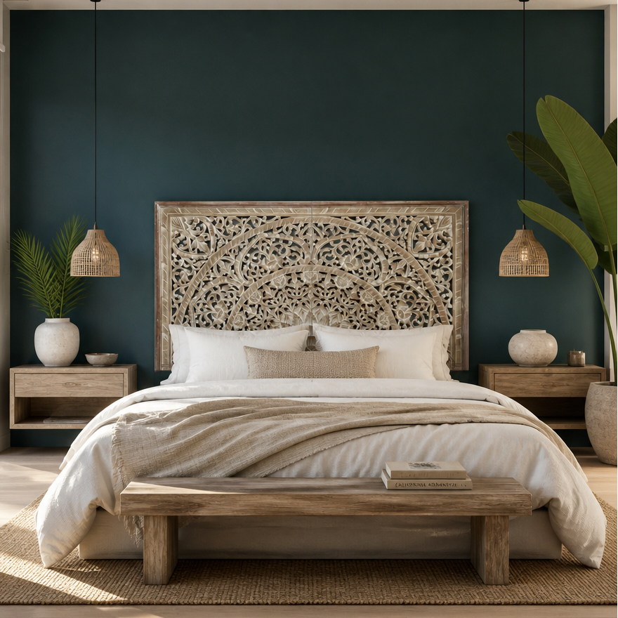 A styled bedroom featuring a bed with a highly detailed, ornate carved wooden headboard, dressed in white and beige bedding. The bed is set against a deep teal painted accent wall, flanked by matching wooden nightstands, woven pendant lights, and potted plants.