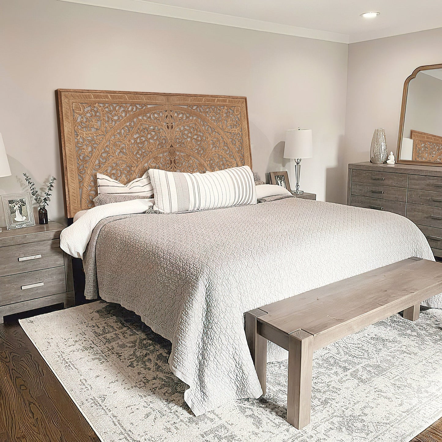 Carved Half Cut Bed Headboard "Sumber" in Natural Brown