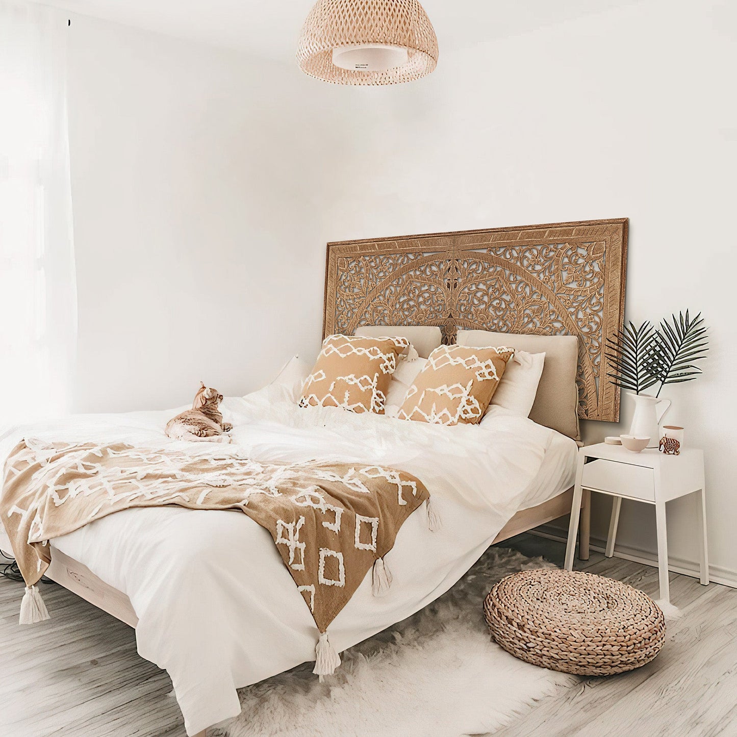 Carved Half Cut Bed Headboard "Sumber" in Natural Brown