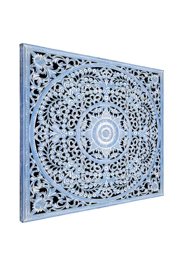 Carved Full Bed Headboard "Peony" - Blue Wash