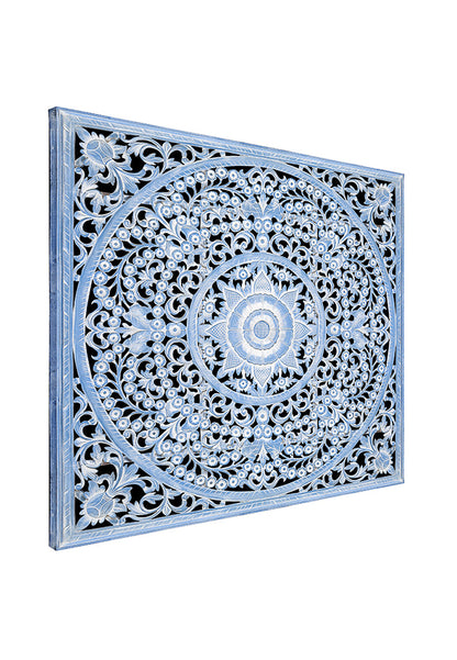 Carved Full Bed Headboard "Peony" - Blue Wash