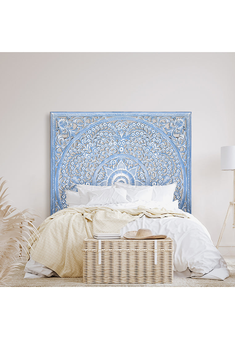 Carved Full Bed Headboard "Peony" - Blue Wash